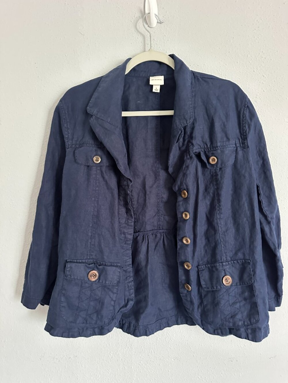 Merona 100% Linen Shirt Blue Button Front Long Sleeve Utility Shirt Women’s L - Picture 2 of 6